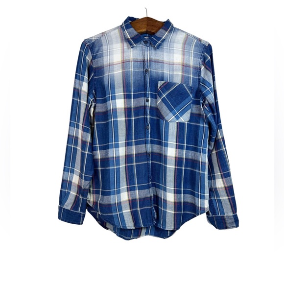 Current/Elliott Blue White Yellow Red Plaid Flannel Button Down Shirt Womens 1 - Picture 1 of 10